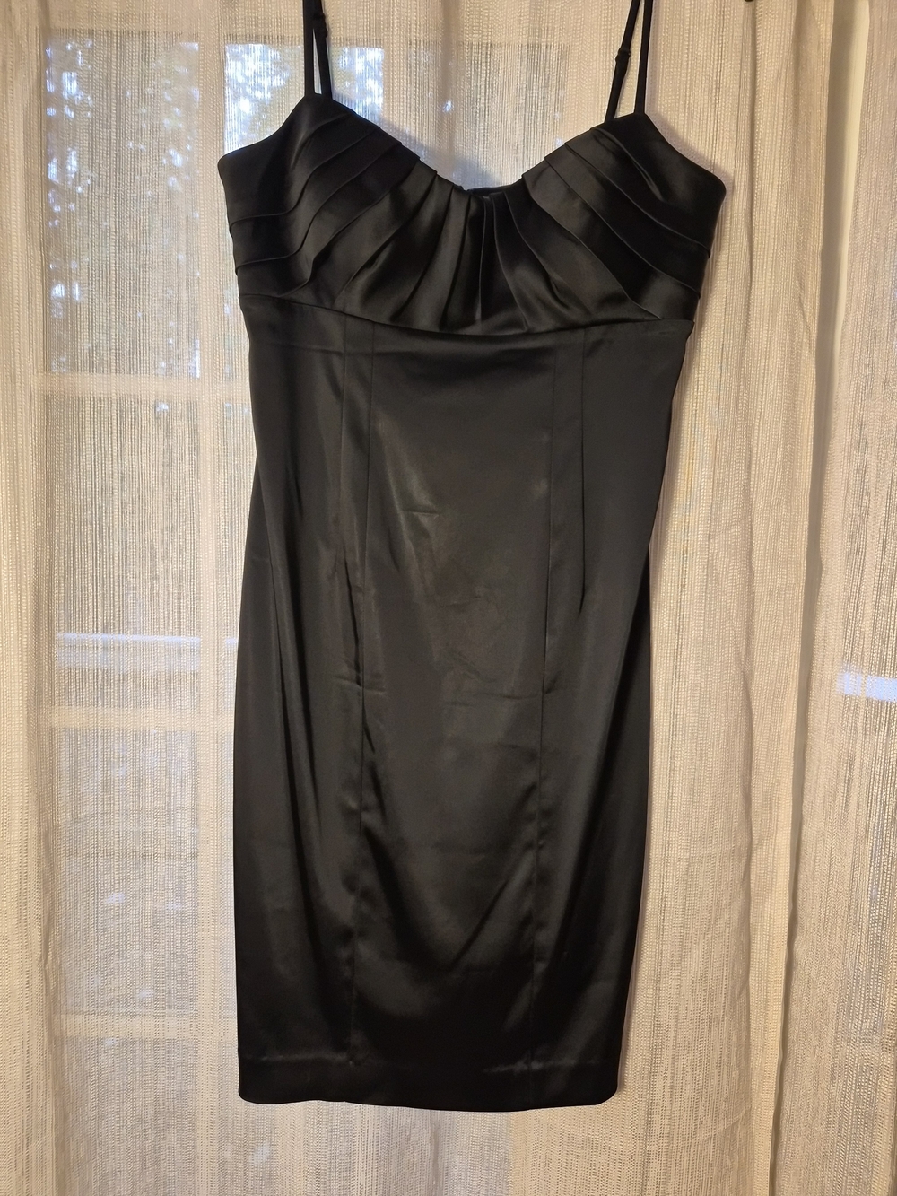 Calvin Klein Black Satin Pleated Bust Spaghetti Strap Cocktail Sheath Dress 4 - Picture 3 of 5